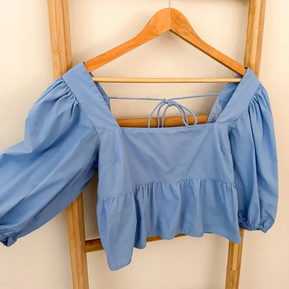 Abercrombie & Fitch Blue Puff Sleeve Tie Back Peplum Blouse Top S Cottagecore